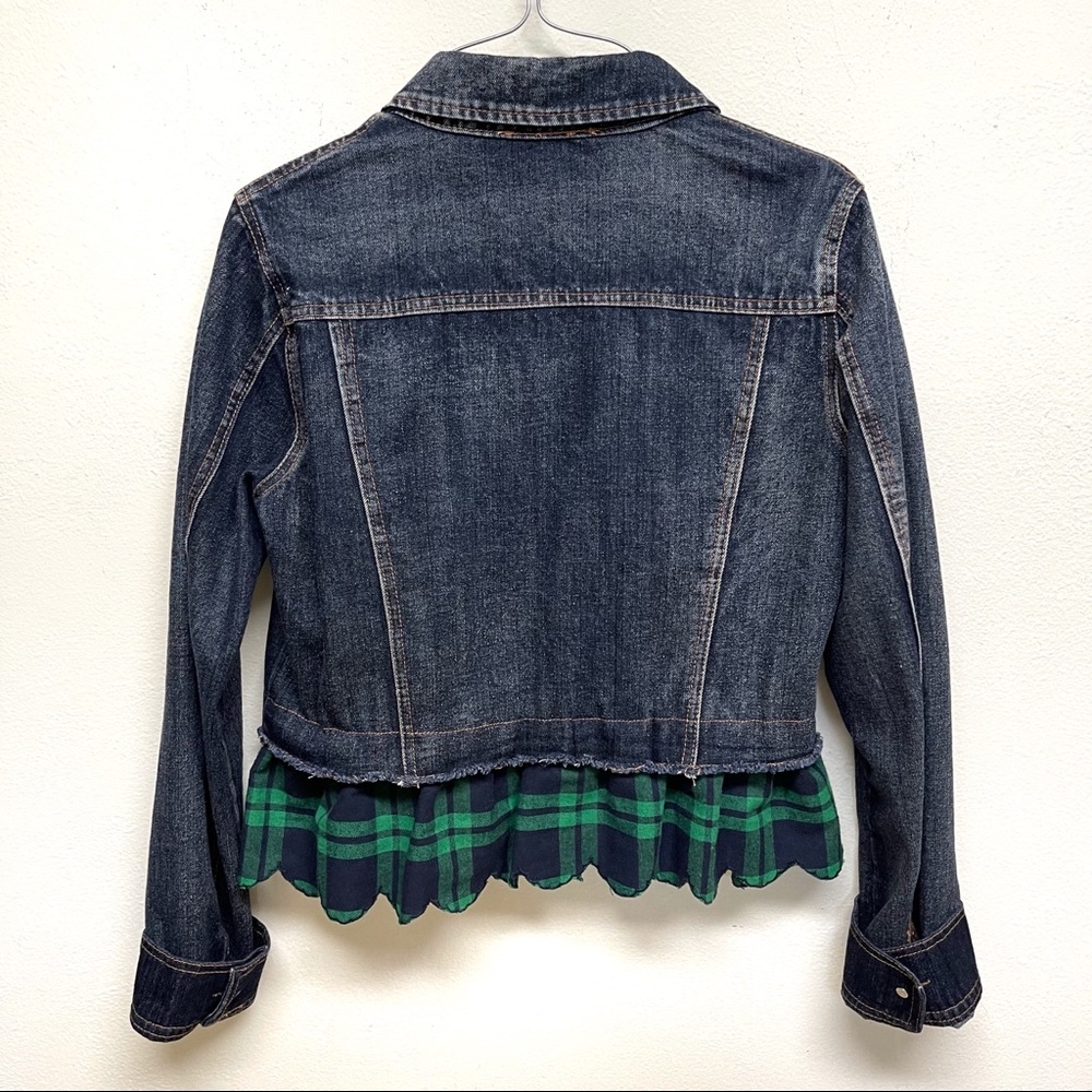 Umgee Denim Plaid Green Blue .Ruffle Hem Cropped Raw Hem Denim Jacket Small - Picture 5 of 7
